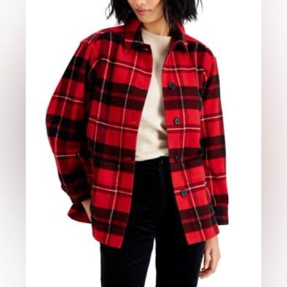 Charter Club Plaid Shirt Red and Black Jacket Shacket Size Medium - Picture 2 of 14